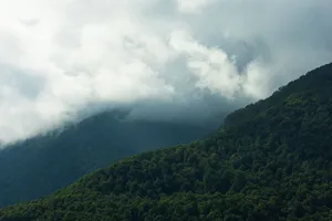 A serene view of lush green forested mountains under dramatic cloud cover. jigsaw puzzle
