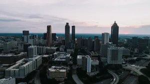 Stunning aerial view of Atlanta, Georgia skyline during sunset, showcasing modern architecture. jigsaw puzzle