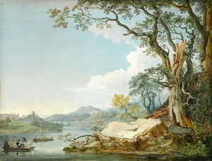 a painting of people in a boat on a river jigsaw puzzle