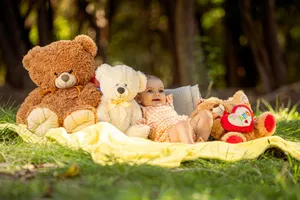 A cheerful baby enjoys a sunny day outdoors surrounded by cuddly teddy bears. jigsaw puzzle