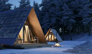 Illuminated a-frame cabins with solar panels in snowy forest. jigsaw puzzle