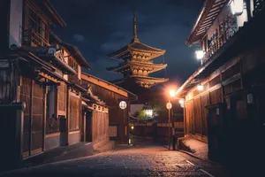 Traditional japanese street with pagoda at night jigsaw puzzle