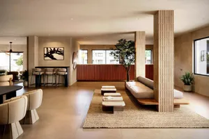 Modern hotel lobby with lounge seating and reception desk jigsaw puzzle
