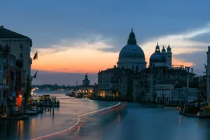 Venice grand canal at twilight with boat light trails. jigsaw puzzle