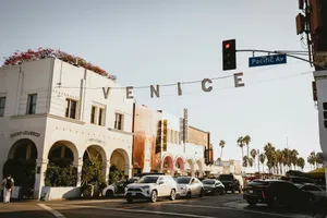 Venice sign above street with cars and palm trees jigsaw puzzle