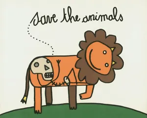 Save the animals, a cartoon lion with a skull inside jigsaw puzzle