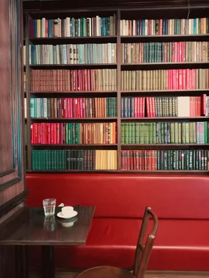 A serene cafe corner with a vibrant bookshelf and seating, ideal for relaxation. jigsaw puzzle