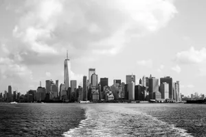 Stunning black and white panoramic view of New York City skyline with prominent One World Trade Center. jigsaw puzzle