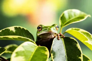 A vibrant green tree frog perched on lush greenery, showcasing natural beauty. jigsaw puzzle