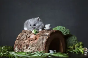 Adorable Campbell's dwarf hamster with broccoli on a wooden hideout. Perfect cute animal shot. jigsaw puzzle
