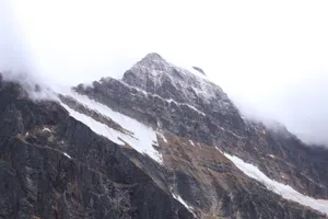 Breathtaking view of Mount Edith Cavell in Jasper National Park enveloped in fog. jigsaw puzzle