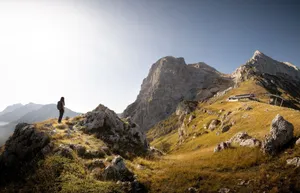A lone hiker stands amidst rocky terrain with majestic mountain views under a clear sky. jigsaw puzzle