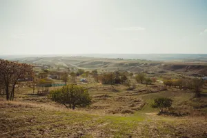 Expansive rural landscape with rolling hills and scattered farmhouses under a clear sky. jigsaw puzzle