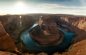 Stunning aerial view of Horseshoe Bend with the Colorado River in Arizona's scenic desert landscape. jigsaw puzzle