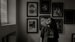 Black and white photo of a woman in an art gallery with framed portraits on the wall. jigsaw puzzle