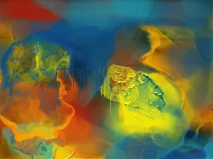 Dynamic abstract painting with vibrant blue, yellow, and orange hues showcasing fluid movement. jigsaw puzzle