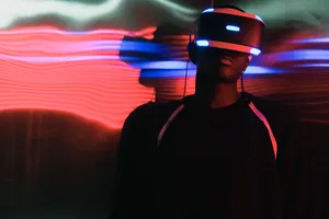 A person wearing virtual reality headset surrounded by colorful neon lights, enjoying a digital world. jigsaw puzzle