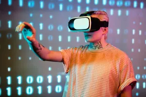 A person experiences virtual reality with a headset against a background of binary code. jigsaw puzzle
