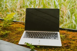A silver laptop resting on moss with green foliage in the background, blending technology with nature. jigsaw puzzle