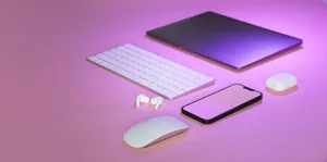 Flat lay of wireless tech gadgets on pink surface, highlighting modern electronics. jigsaw puzzle