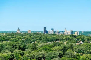 A panoramic view of Saint Paul's skyline standing behind a vast area of lush greenery under a clear blue sky. jigsaw puzzle