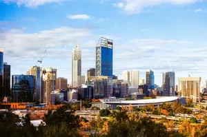 A captivating aerial view of Perth's cityscape featuring modern skyscrapers and urban architecture. jigsaw puzzle