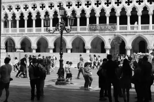 A bustling scene at Venice's Doge's Palace in grayscale, capturing the essence of Italy's iconic architecture. jigsaw puzzle