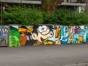 Vibrant graffiti mural depicting cartoon characters on a wall in Hamburg. jigsaw puzzle