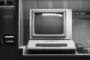 Black and white image of a classic Apple II computer on display in Wrocław, Poland. jigsaw puzzle
