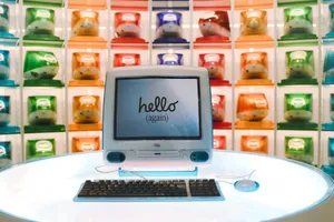 Retro Apple iMac G3 display showcasing technology evolution with colorful computer units. jigsaw puzzle