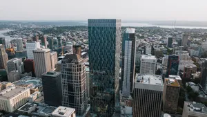 Breathtaking aerial view of Seattle downtown featuring tall modern buildings and cityscape. jigsaw puzzle