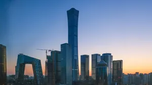 Stunning view of Beijing's skyline with iconic skyscrapers at sunset. jigsaw puzzle