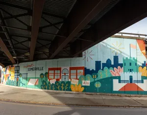 Vibrant street art mural showcasing community spirit in East Somerville, Massachusetts. jigsaw puzzle