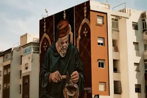 Vivid street art mural featuring an elder man, painted on an urban building facade. jigsaw puzzle