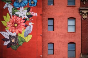 Vibrant mural on a red brick wall with flowers, animals, and nature elements. jigsaw puzzle