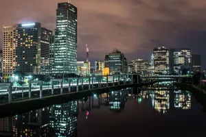 Illuminated cityscape of São Paulo reflecting in water at night. Modern architecture with a dramatic sky. jigsaw puzzle