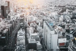 Amazing aerial view of financial district of modern megapolis with various buildings and skyscrapers in Japan jigsaw puzzle