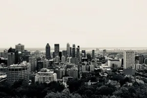 Black and white view of Montréal's iconic skyline with skyscrapers and urban landscape. jigsaw puzzle