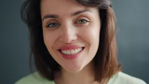 A close-up portrait of a smiling woman with green eyes and brown hair against a neutral background. jigsaw puzzle