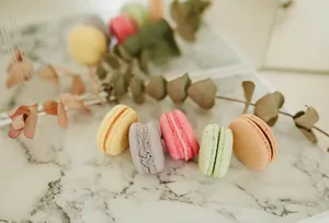 Colorful macarons displayed on a marble surface with eucalyptus decor for a sweet and elegant touch. jigsaw puzzle