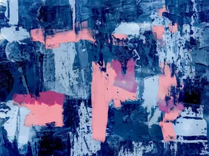 Bold abstract painting with blue and pink textured layers creating a dynamic expressionist art piece. jigsaw puzzle