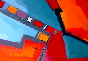 Bold geometric shapes in vivid colors create a dynamic abstract painting. jigsaw puzzle