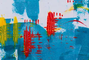 Colorful abstract painting featuring bold red and blue brushstrokes on canvas. jigsaw puzzle