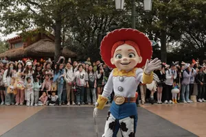 A vibrant Toy Story character parade at Shanghai Disneyland, featuring enthusiastic crowds and lively atmosphere. jigsaw puzzle