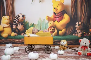 Cute baby asleep in a yellow wagon surrounded by Winnie the Pooh and friends plush toys. jigsaw puzzle