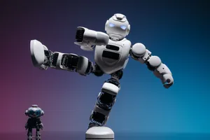 Close-up of two futuristic robots in a studio setting, showcasing advanced robotics and innovation. jigsaw puzzle