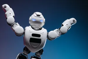A futuristic robot in a studio setting, striking a powerful pose with raised arms. jigsaw puzzle