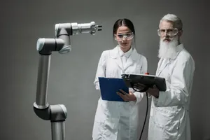 Two scientists in lab coats analyzing a robotic arm in a laboratory setting. jigsaw puzzle