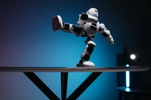 A modern robot toy balancing dynamically on one leg, set against a blue gradient background. jigsaw puzzle