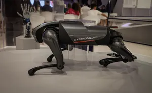 A futuristic robot dog, the Cyberdog, on display in an indoor setting, showcasing advanced robotics technology. jigsaw puzzle